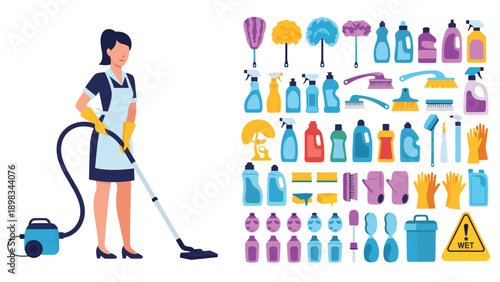Professional cleaning service lady with a vacuum cleaner is shown next to a large set of sanitation product icons.