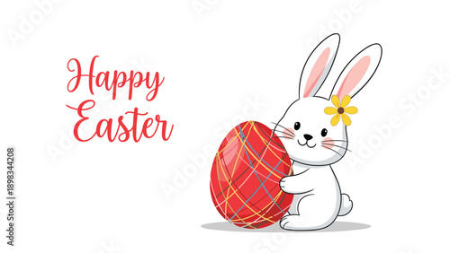 White cartoon rabbit character hugging a large red decorated easter egg with festive greeting text on a clean white background.