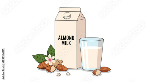 Nutritious almond milk in a cardboard carton next to a glass of milk with raw almonds and white flowers on white background.