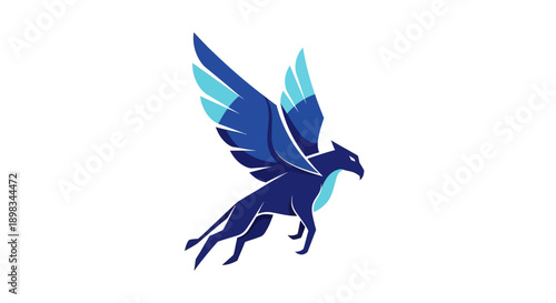 Stylized Blue Flying Winged Creature Logo Design on isolated white background