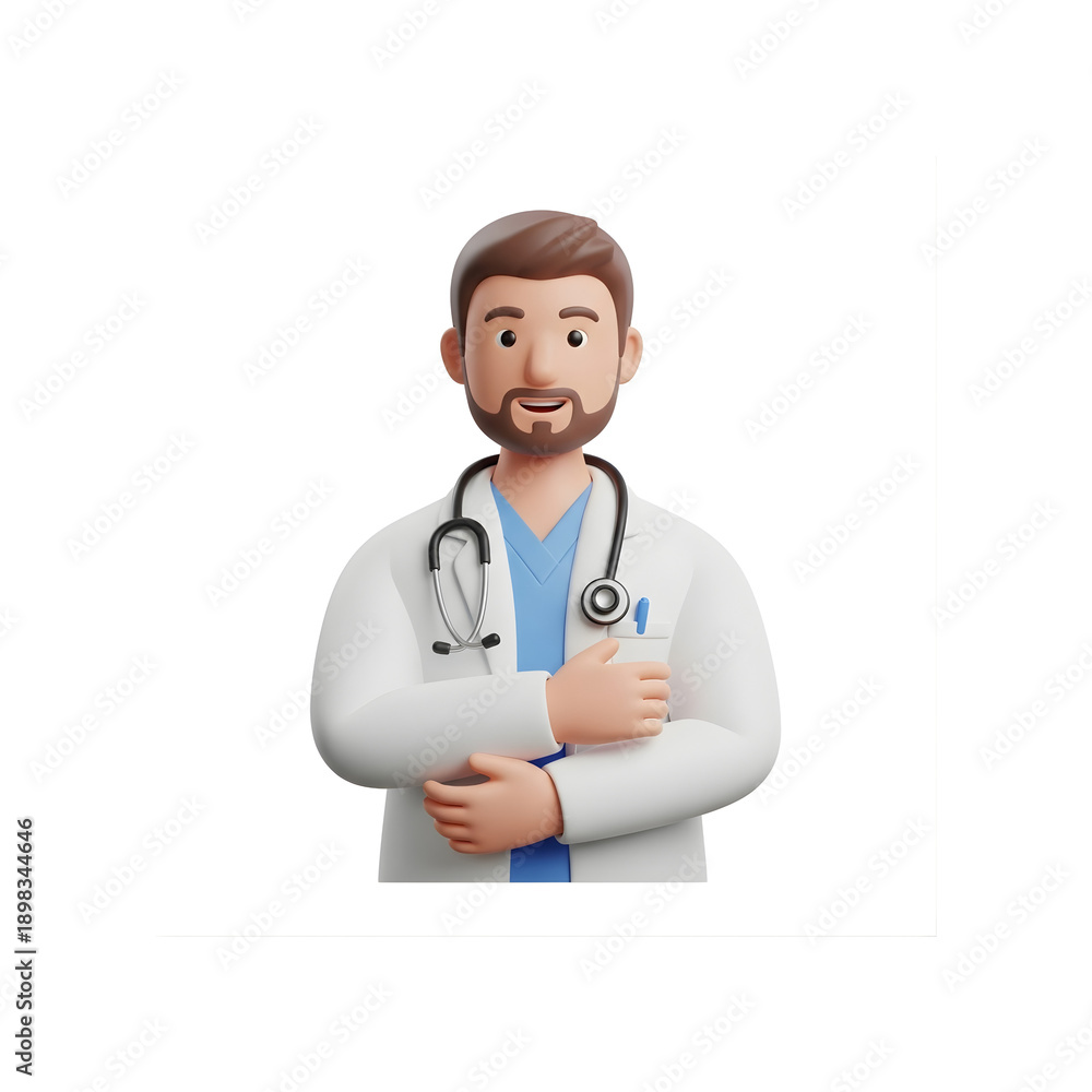 Fototapeta premium 3D Male Doctor Smiling with Stethoscope, Arms Crossed, Isolated on White Background