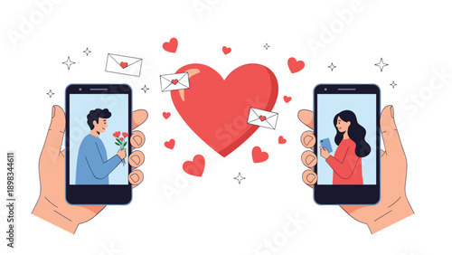 Online dating and love concept featuring a man and woman on smartphone screens with floating hearts for Valentines Day themes.