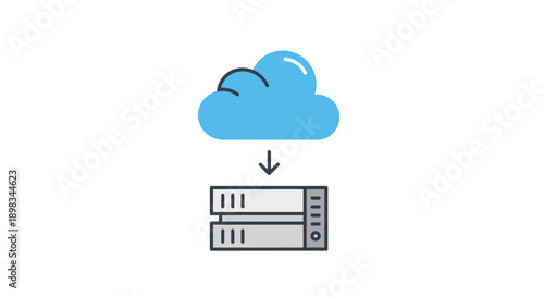 Blue cloud icon connected to server rack, symbolizing cloud computing and data hosting, isolated white background