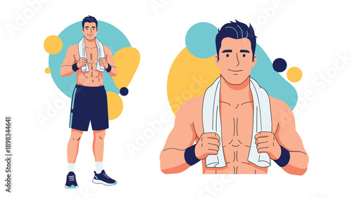 Fit young man standing in gym clothes with a white towel around his neck shown with a close up portrait on decorative background.