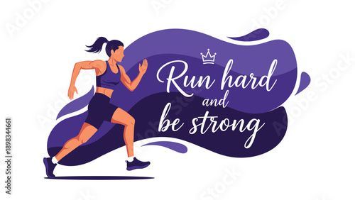 Athletic woman running with long ponytail against a purple abstract background with motivational quote run hard and be strong.