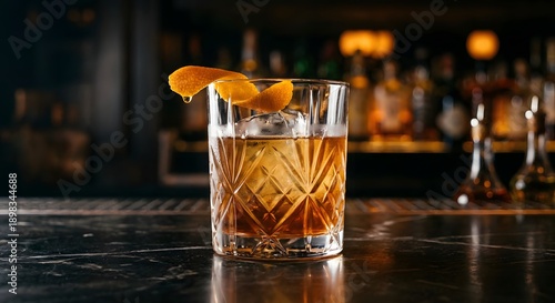 Classic old fashioned cocktail with orange peel garnish on a dark marble bar in a dimly lit bar
