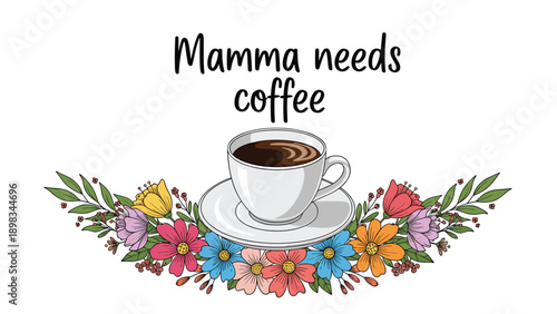 Hot cup of black coffee on a white saucer surrounded by a colorful floral wreath with mamma needs coffee text for Mothers Day.