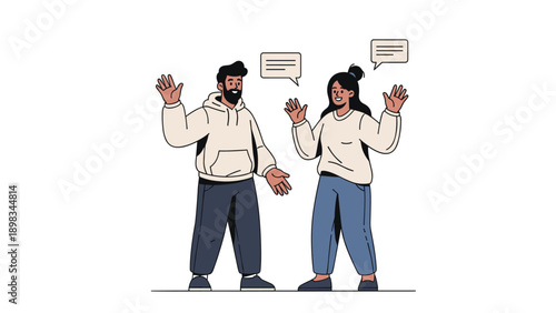 Man and woman wearing hoodies having a friendly conversation with speech bubbles in a minimalist flat vector illustration style.
