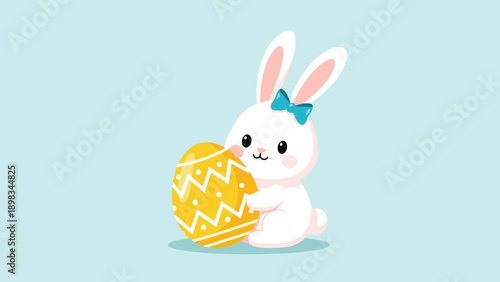 Cute white rabbit character with a blue bow hugging a yellow decorated Easter egg on a soft blue background for holiday card.