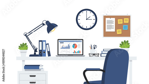 Clean home office workspace with a laptop showing charts desk lamp folders clock and a cork board with notes on the wall.