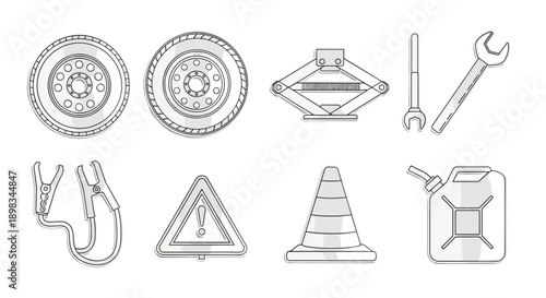 Car maintenance tools and safety equipment line art set