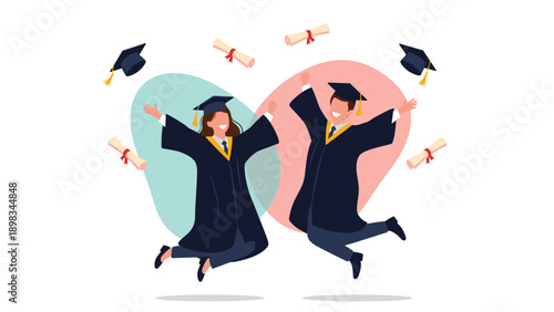 Happy male and female graduates in academic gowns and caps jumping in the air with diplomas to celebrate their successful graduation.