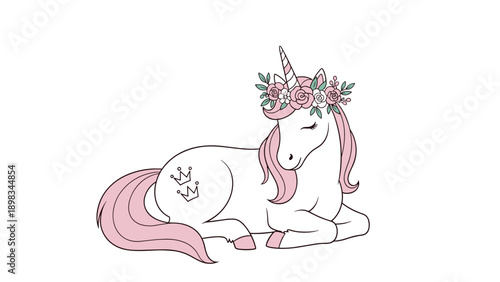 Dreamy white unicorn with a pink mane and a colorful flower crown sleeping peacefully in a simple vector illustration for kids.