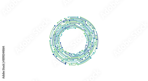 Abstract circular circuit board pattern with blue and green lines, representing technology and digital connections on an isolated white background.