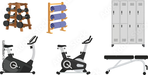 A collection of gym equipment including dumbbell rack, towel shelf, exercise bikes, and a weight bench