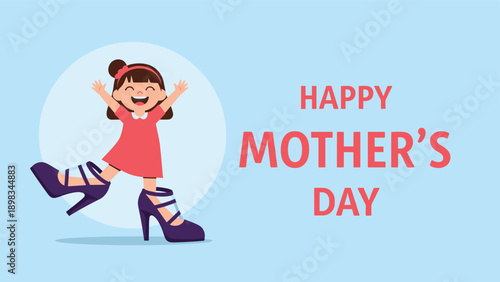 Happy little girl wearing her mothers oversized purple high heeled shoes and a red dress for Mothers Day celebration greeting.