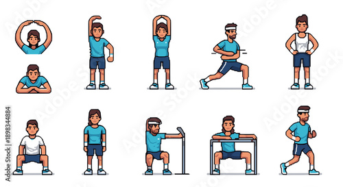 People exercising and stretching, fitness workout warmup set