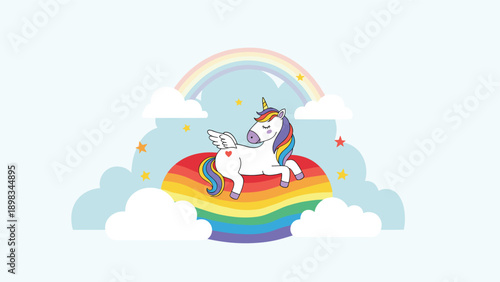 Magical white unicorn with a rainbow mane lying on a large rainbow cloud surrounded by stars and fluffy white clouds illustration.
