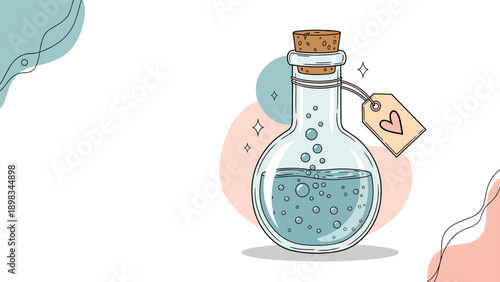 Enchanted magic potion in a round glass bottle with blue bubbling liquid and a heart tag for fantasy or love themed design.