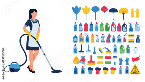 Adorable white rabbit sitting peacefully next to a yellow chick and a spring tulip flower on a white background.