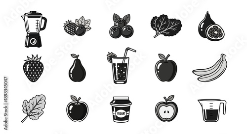 Healthy food illustration including fruits, vegetables, yogurt, and a blender for recipes
