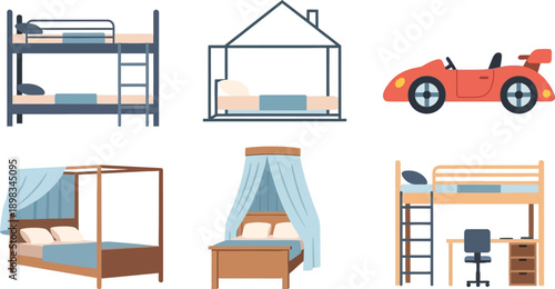 Bedroom furniture variety featuring bunk bed canopy frame car shaped toddler bed and loft workspace for children room set