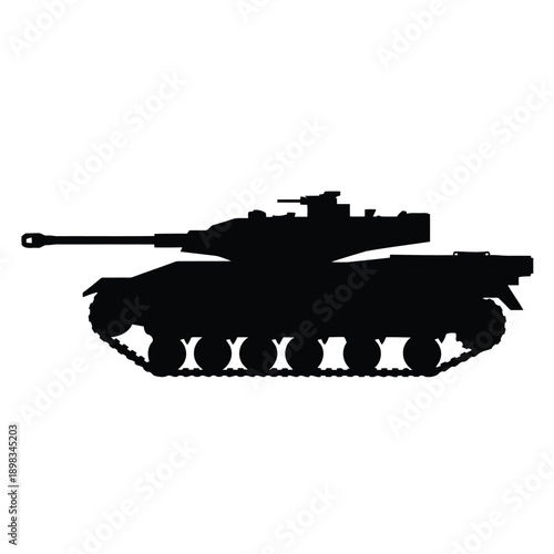 A silhouette of a military tank with prominent turret and caterpillar tracks