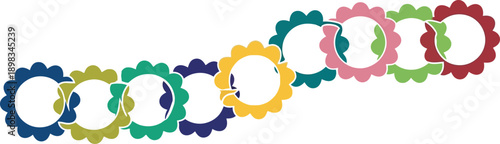 Colorful gear chain pattern design with interlocking scalloped circles in rainbow hues for mechanical abstract background