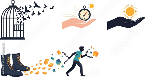 Conceptual flat vector illustration showing freedom liberty and breakthrough with bird cage compass and broken chains
