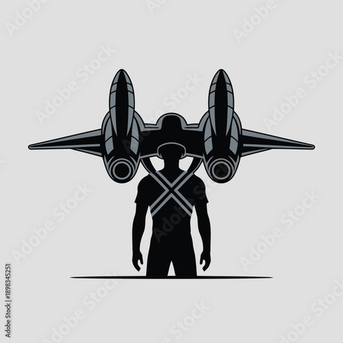 A sleek black silhouette of a humanoid figure integrated with mechanical wings.