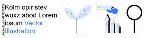 SEO optimization, data growth, research methods, digital analysis, information discovery, online tools. A magnifying glass, bar chart with a person and leaf symbol. SEO optimization and data growth