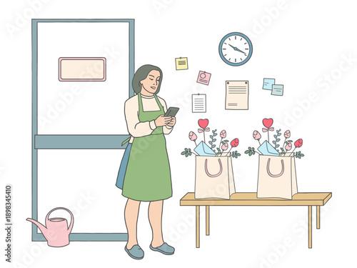 Florist woman character talking on phone, flat outline illustration. Flower shop communication and customer service concept.