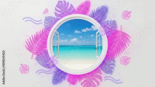 Tropical Beach View Through Open Window, Exotic Paradise Vacation Concept