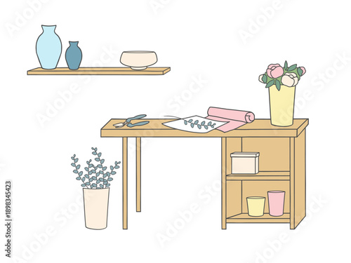Florist work table with flowers, tools and shelves in flat outline style. Floral workspace illustration isolated on white background.