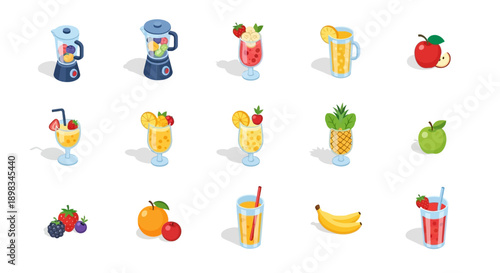 Illustrated Isometric Smoothie and Fruit Collection Featuring a Blender and Juice Glasses