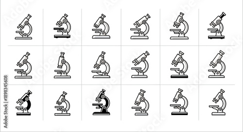 Illustrated scientific equipment featuring microscopes arranged in a grid with various styles
