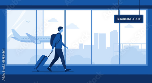 Man Walking with Luggage at Airport Gate.
