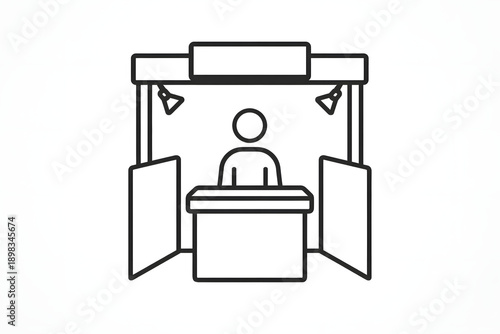 Trade show exhibition booth line icon business presentation stand outline vendor display marketing stall corporate event kiosk minimal vector conference counter branding showcase retail promotion isol