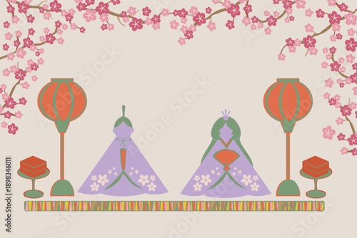 切り絵風のひな祭り、おだいりさまとおひなさま