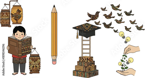 Education and creativity concept art featuring young student books and knowledge symbols with birds and light bulb icons