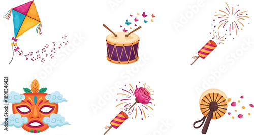 Festive carnival celebration vector elements set with colorful kite drum fireworks mask and musical party instruments