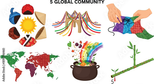 Global community concept with diverse cultural icons and world map illustration set for international unity theme icons