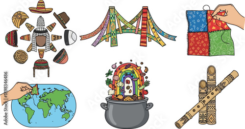Global cultural diversity concept with traditional hats bridge world map and international cooking pot of unity art