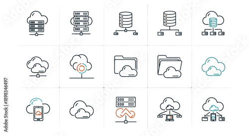Cloud computing and data storage concepts depicted through graphic icons and designs