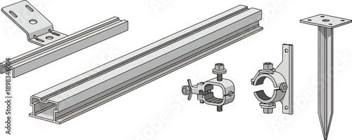 Industrial metal mounting hardware including aluminum structural rails pipe clamps solar panel brackets and ground stake