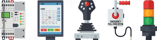 Industrial control equipment including plc human machine interface joystick emergency switch and tower light components