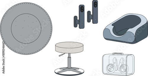 Modern interior design elements including circular rug modern seating speakers and a transparent case with tools on transparent background