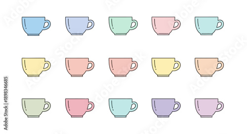 Collection of colorful teacups arranged in a pattern, design with minimalist style