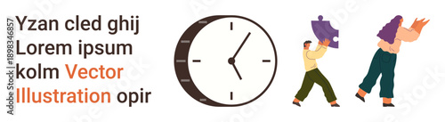 Time management, teamwork, collaboration, deadlines, productivity, efficiency. Clock as a central focus with two figures carrying puzzle pieces. Teamwork and time management concept