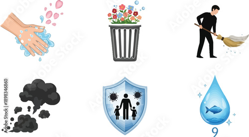 Set of icons with washing hands, flowers in a bin, a man sweeping, a smoke cloud, a shield and a water drop